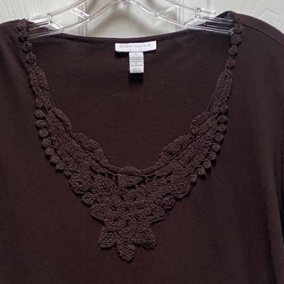 Charter Club Brown Lace  Accent  V Neck Top - Picture 5 of 5
